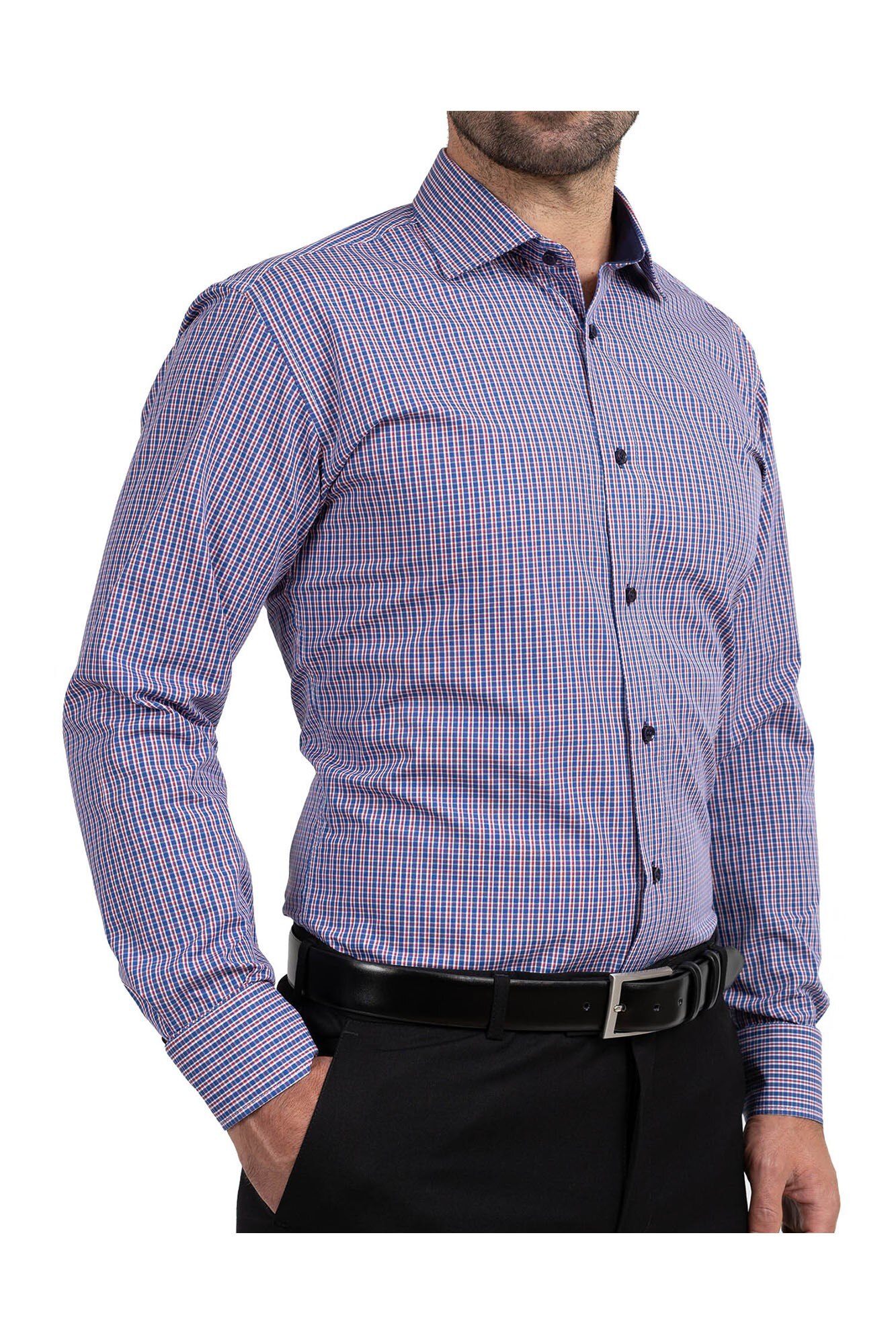 Camasa albastra cu carouri rosii slim fit