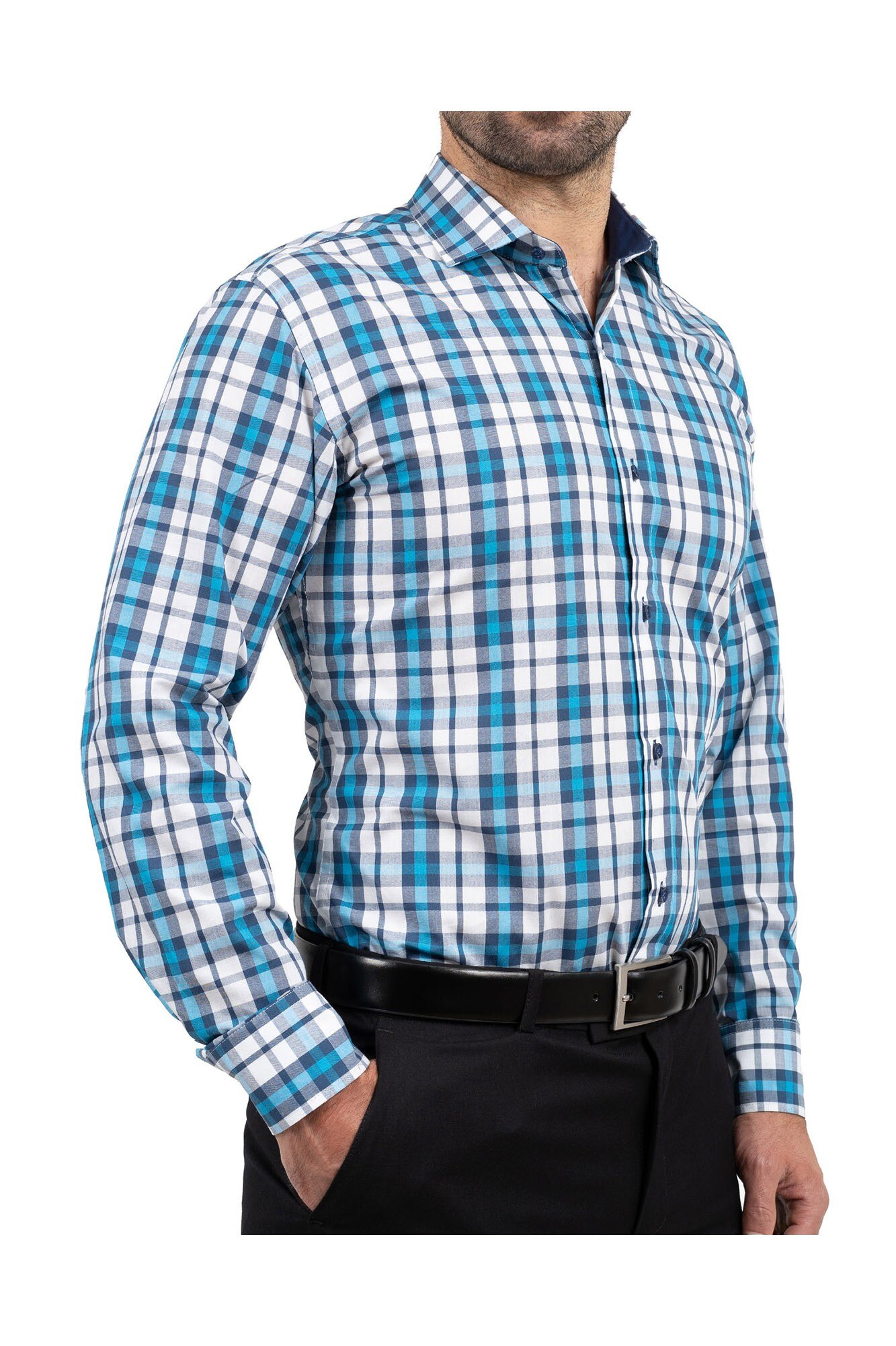 Camasa albastra slim fit cu carouri