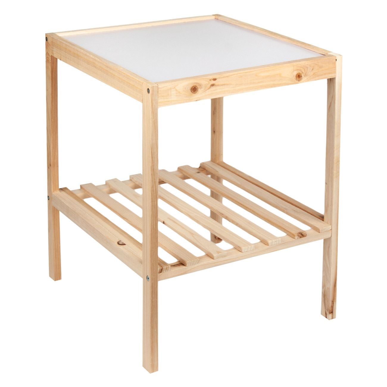 Masa pentru living si dormitor,de lemn,alb cu maro,cu 2 rafturi,cu suport stabil