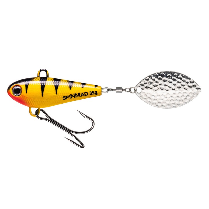 Spinner Spinmad Turbo 10cm, 35gr, culoarea Yellow Tiger pentru pescuitul la avat, salau sau somn
