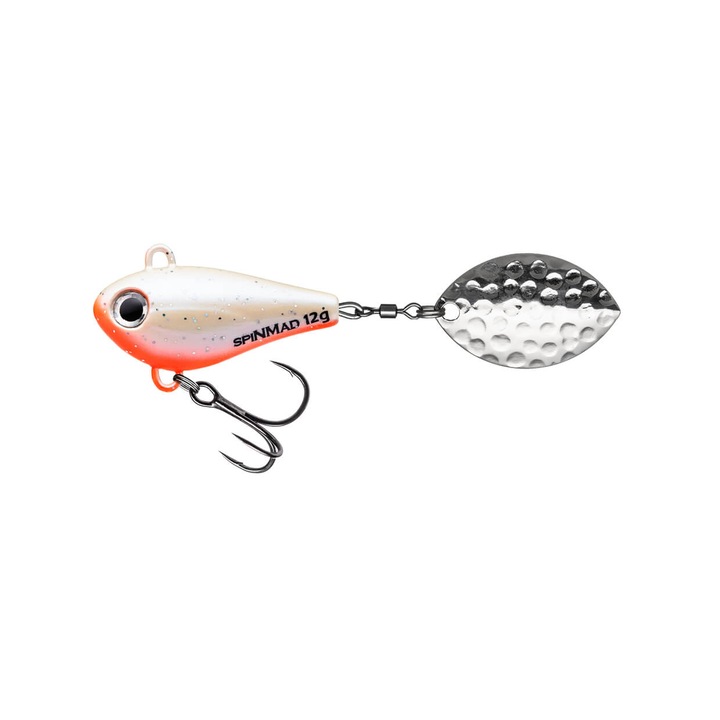 Spinner Spinmad Jigmaster 8cm, 12gr, culoare White Pearl Fire pentru pescuitul la avat, salau, stiuca sau biban