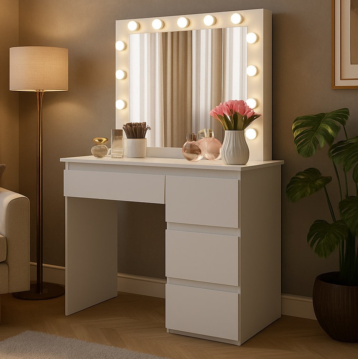 Masa de toaleta si machiaj Hollywood Pro, alba, cu 4 sertare, oglinda si 12 LED-uri, 90x40x140 cm