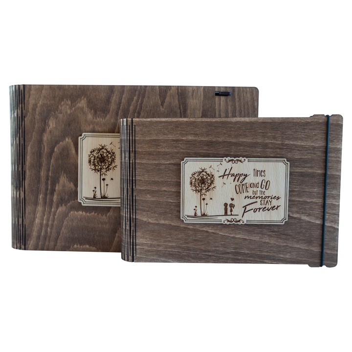 Set Album Foto A5 + Cutie lemn, VintageBox, model "Papadie - Happy Time", culoare nuc inchis