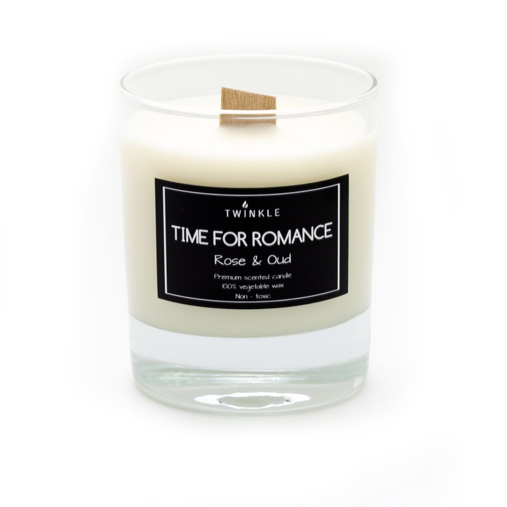 Lumanare parfumata TWINKLE, cu aroma de Trandafir si OUD, ceara soia non-toxica, fitil care trosneste, 170g net
