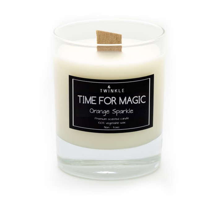 Lumanare parfumata TWINKLE, cu aroma de Portocale Dulci, ceara soia non-toxica, fitil lemn care trosneste, 170 g net