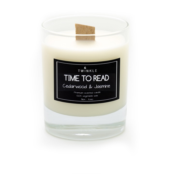 Lumanare parfumata TWINKLE, cu aroma de Cedru si Iasomie, ceara soia non-toxica, fitil lemn care trosneste, 170g net