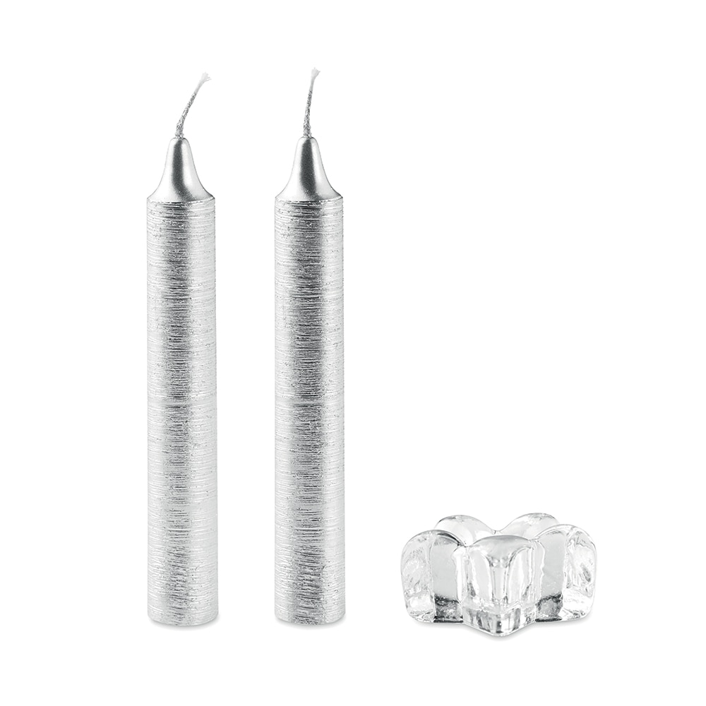 Set 2 lumanari decorative, cilindrice, cu suport din sticla, argintii, Piksel