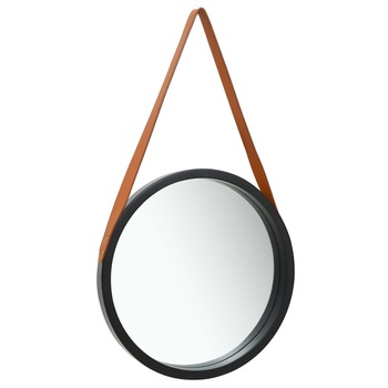 Oglinda de perete cu o curea, vidaXL, Lemn, 50 cm, Negru
