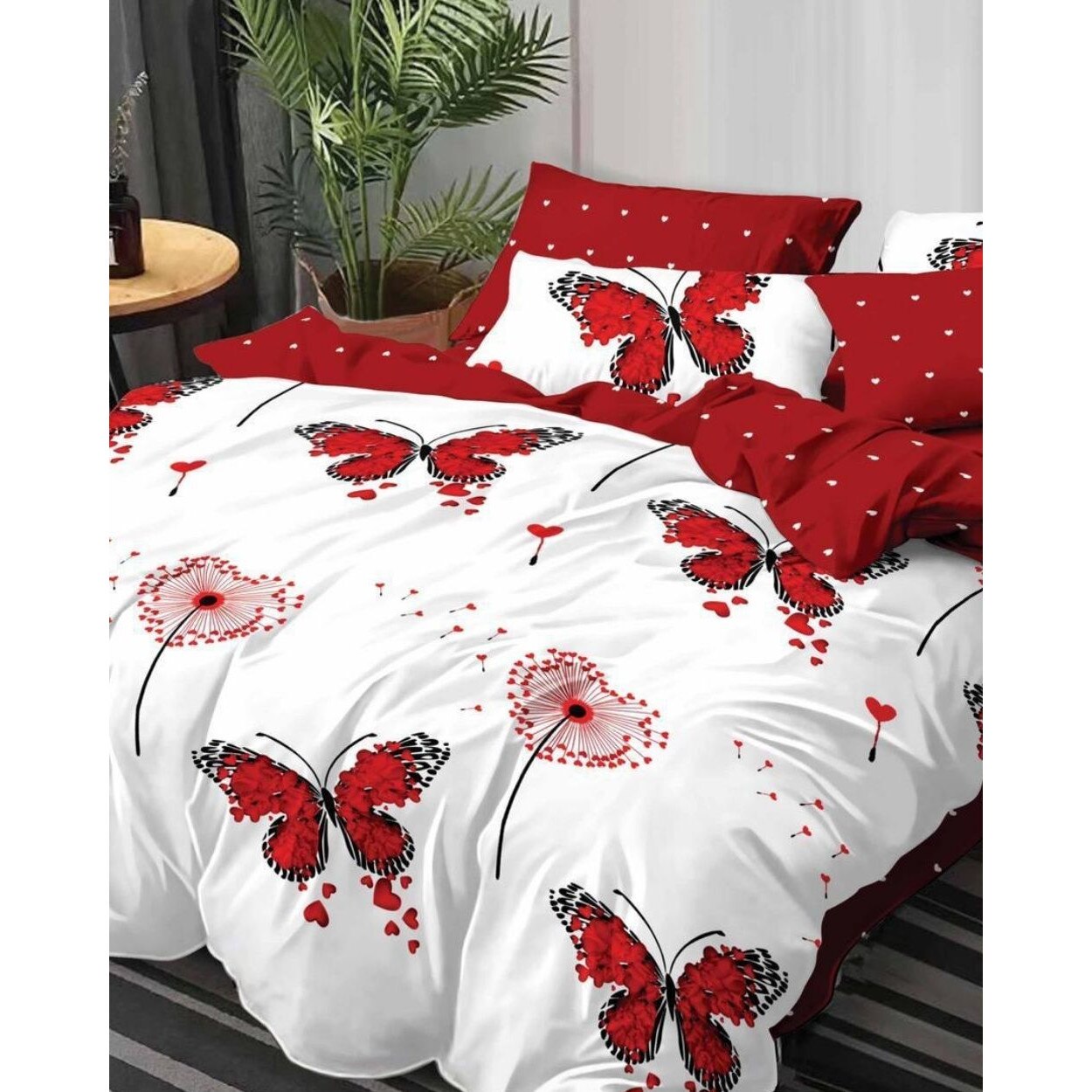 Set Lenjerie de Pat din Finet Satinat, 6 Piese, Pat 2 Persoane, Red Butterflies