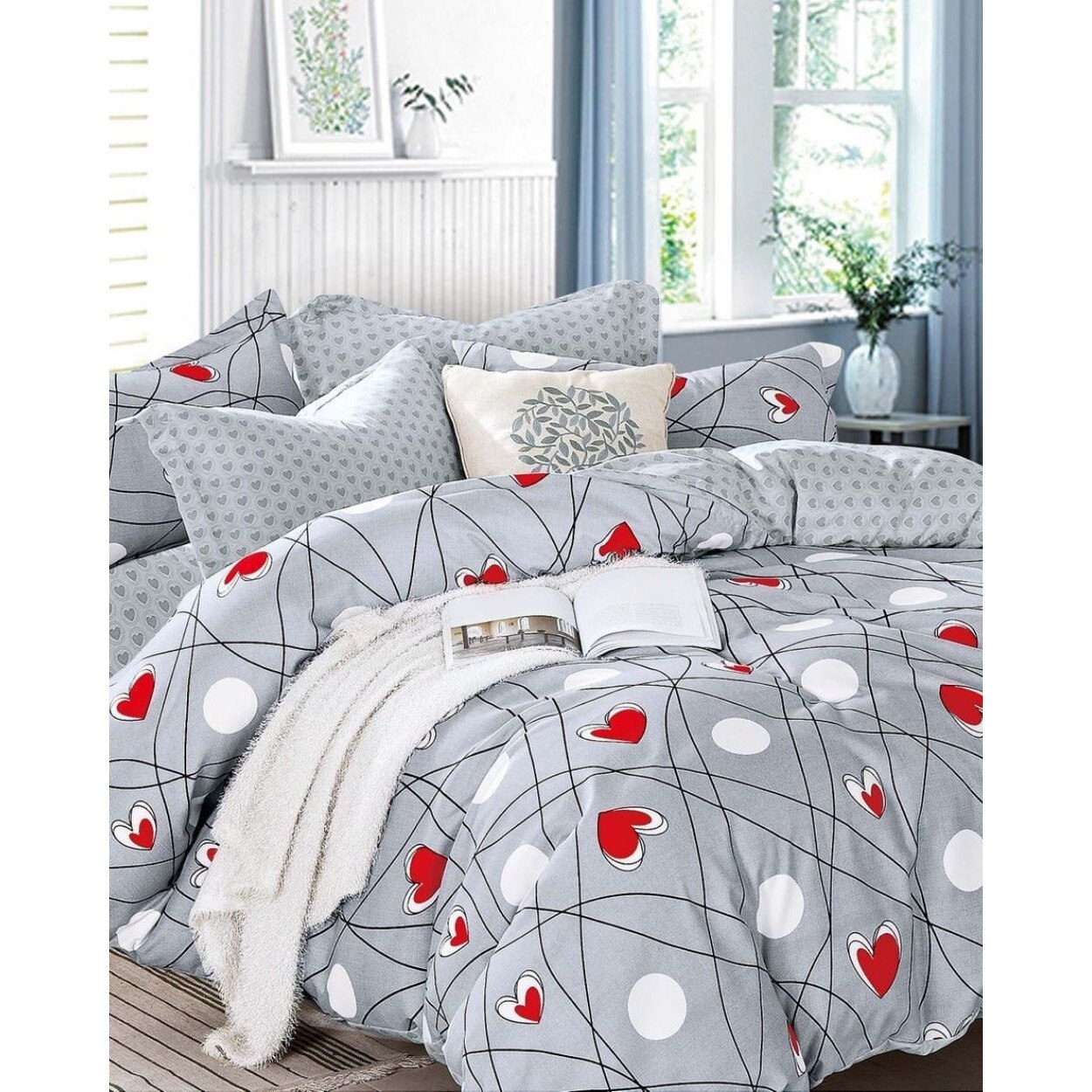 Set Lenjerie de Pat din Finet, 6 Piese, Pat 2 Persoane, Buline si Inimi