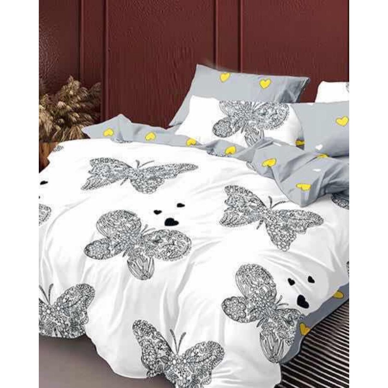 Set Lenjerie Finet Satinat Gros cu 2 Fete, 6 Piese, Pat 2 Persoane, Grey Butterflies