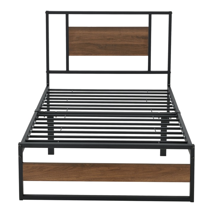 Pat, en.casa, Villach, 200 x 90 cm, 200 Kg, otel, pal, negru, efect lemn de nuc