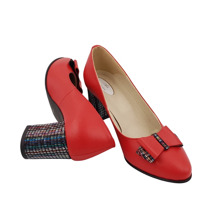 SandAli női cipő, valódi bőr, vastag textillel bevont sarok, masni, Piros