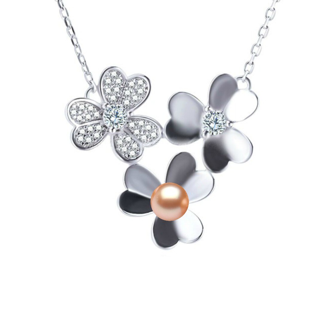 Colier Argint cu Pandantiv Argint Flower, Pavat cu Zirconii si Perla Naturala Crem de 7-8 mm