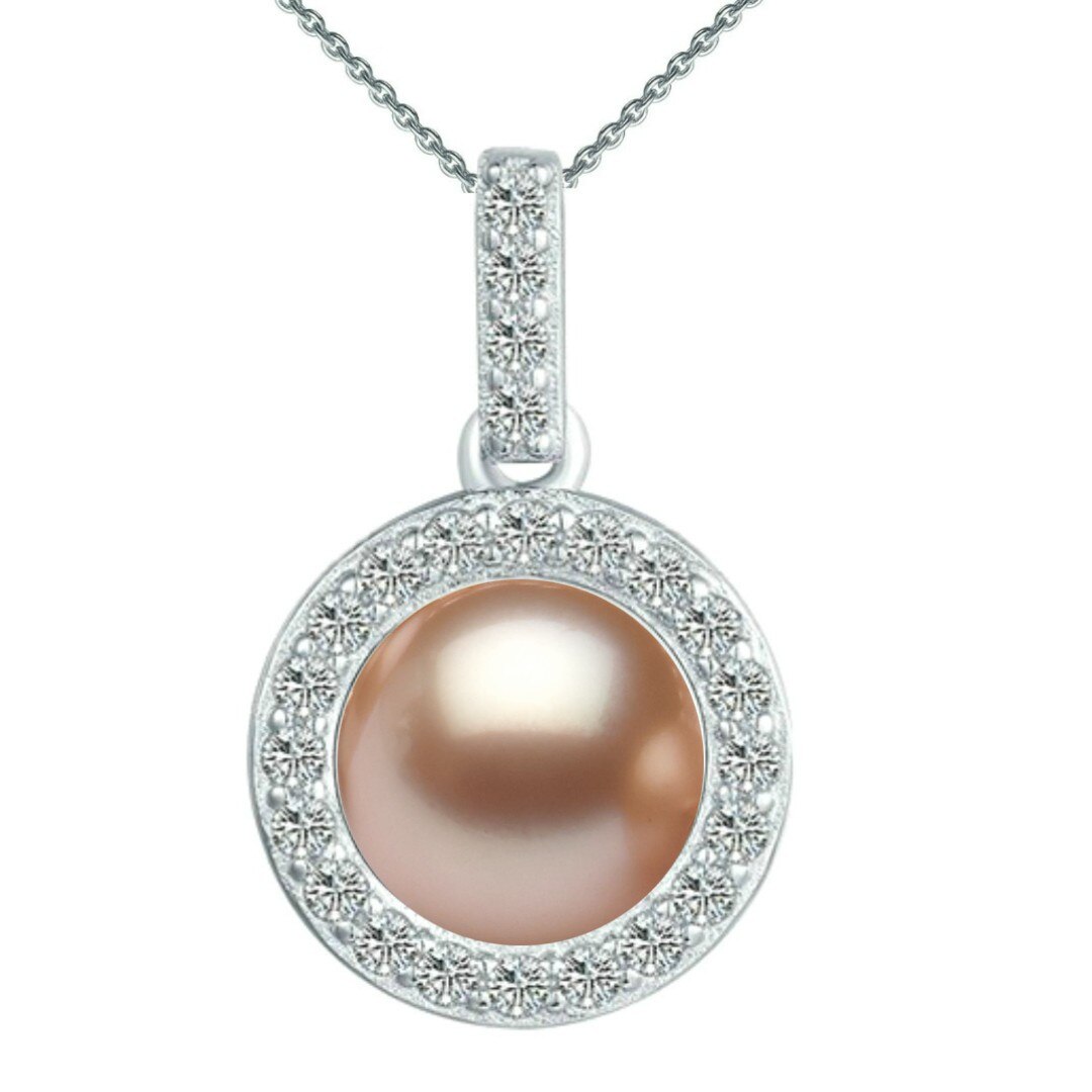 Colier Argint cu Pandantiv Argint Rotund, Pavat cu Zirconii si Perla Naturala Lavanda de 7-8 mm