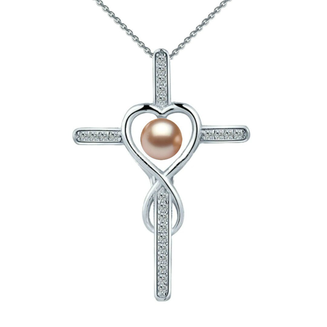 Colier Argint cu Pandantiv Argint Crucifix Pavat cu Zirconii si Perla Naturala Lavanda de 6-7 mm