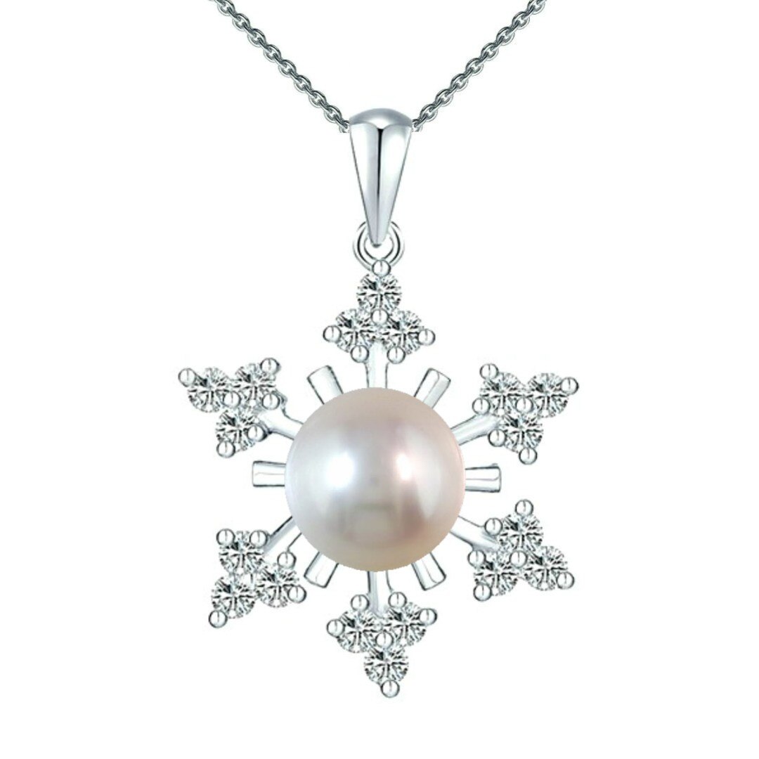 Colier Argint cu Pandantiv Argint Fulg de Nea, Pavat cu Zirconii si Perla Naturala Alba de 7-8 mm
