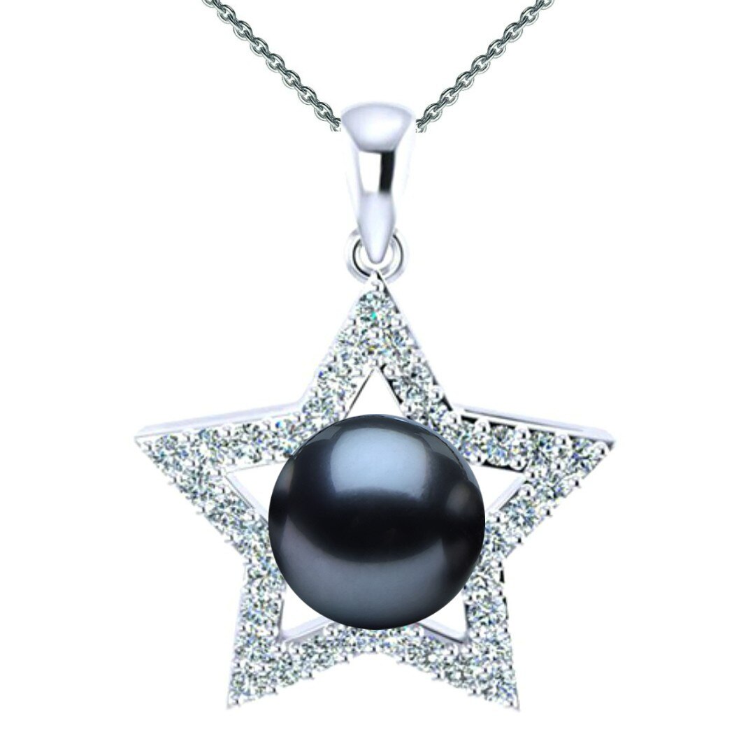 Colier Argint cu Pandantiv Argint Stea, Pavat cu Zirconii si Perla Naturala Neagra de 7-8 mm
