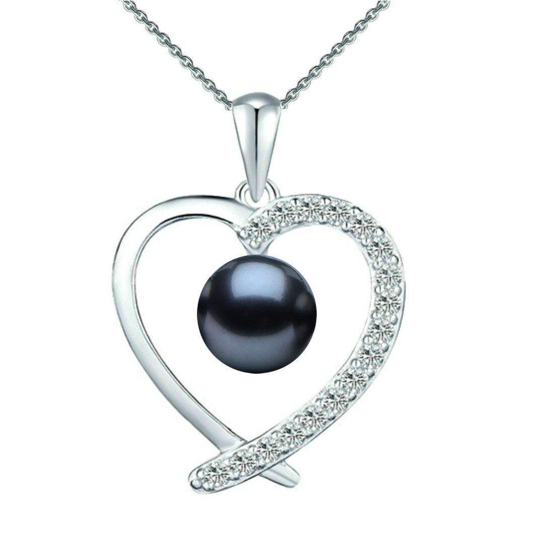 Colier Argint cu Pandantiv Argint Inimioara, Pavat cu Zirconii si Perla Naturala Neagra de 7-8 mm