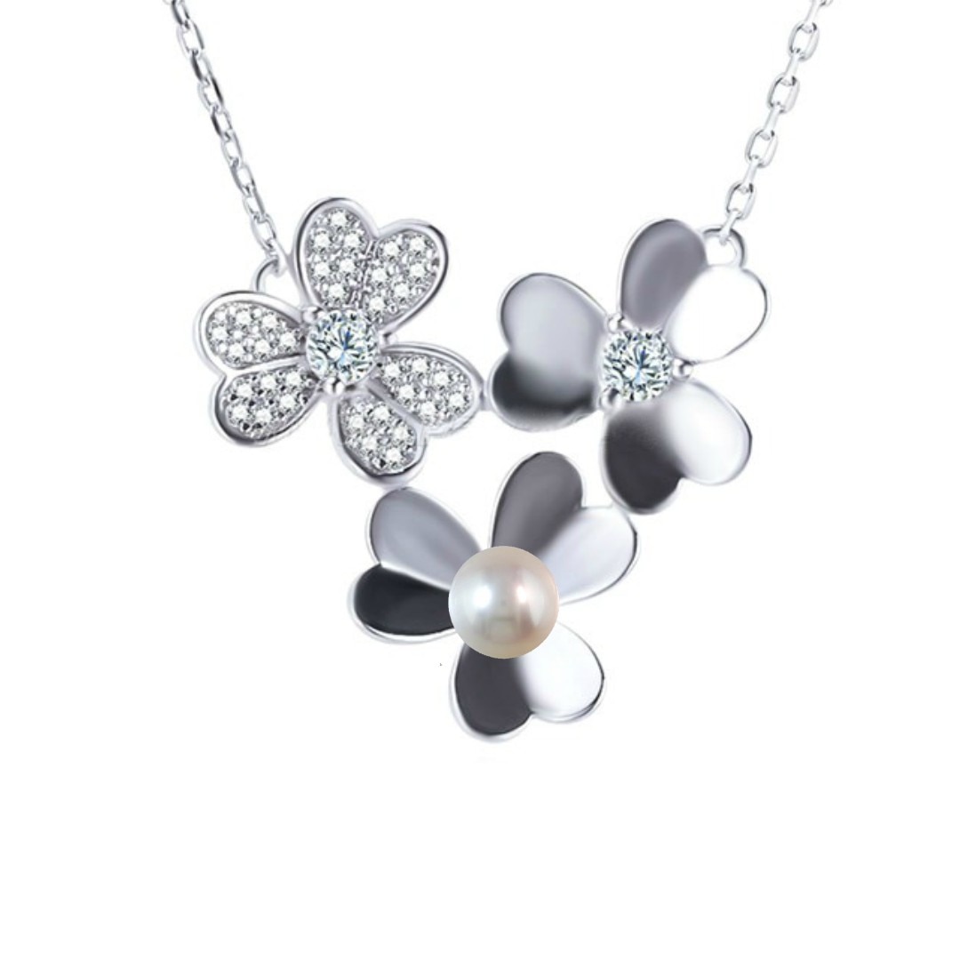 Colier Argint cu Pandantiv Argint Flower, Pavat cu Zirconii si Perla Naturala Alba de 7-8 mm