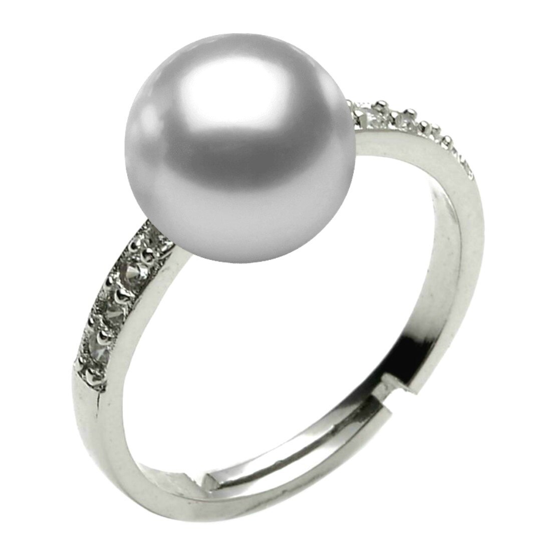 Inel Reglabil din Argint Rodiat, cu Zirconii si Perla Naturala Gri Mare de 9,5-10 mm
