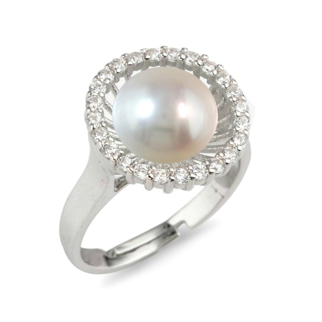 Inel Reglabil din Argint Rodiat, Model Floare, cu Perla Naturala Alba de 7,5-8 mm