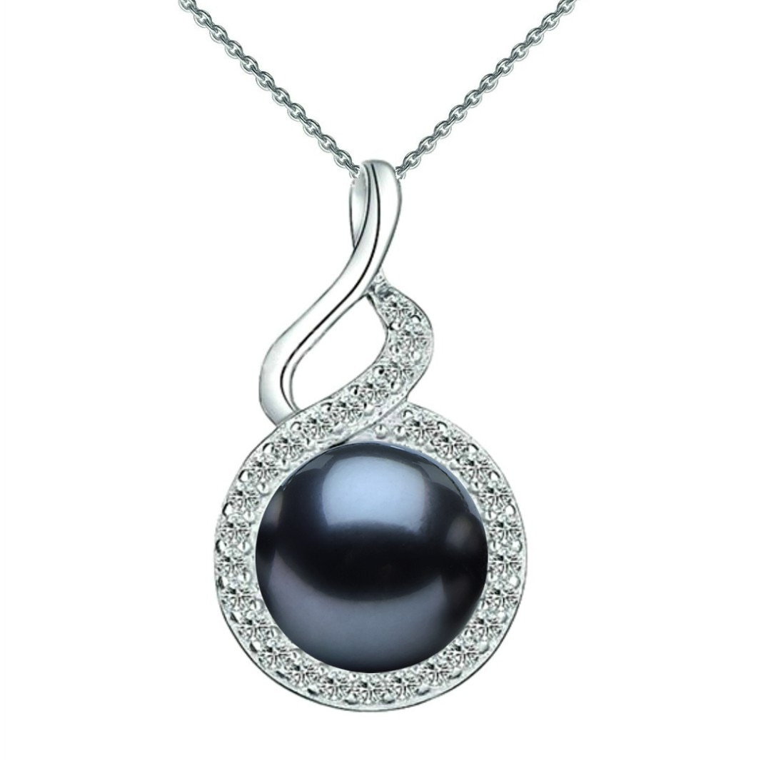 Colier Argint cu Pandantiv Argint Twist, Pavat cu Zirconii si Perla Naturala Neagra de 7-8 mm