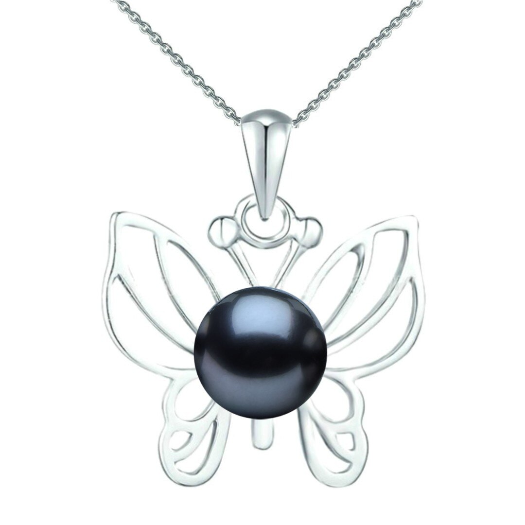 Colier Argint cu Pandantiv Argint Fluture cu Perla Naturala Neagra de 7-8 mm