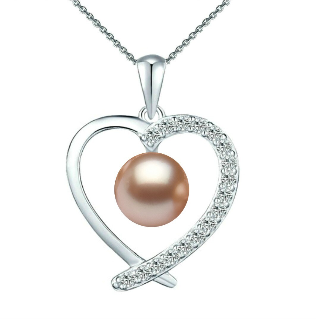 Colier Argint cu Pandantiv Argint Inimioara, Pavat cu Zirconii si Perla Naturala Lavanda de 7-8 mm