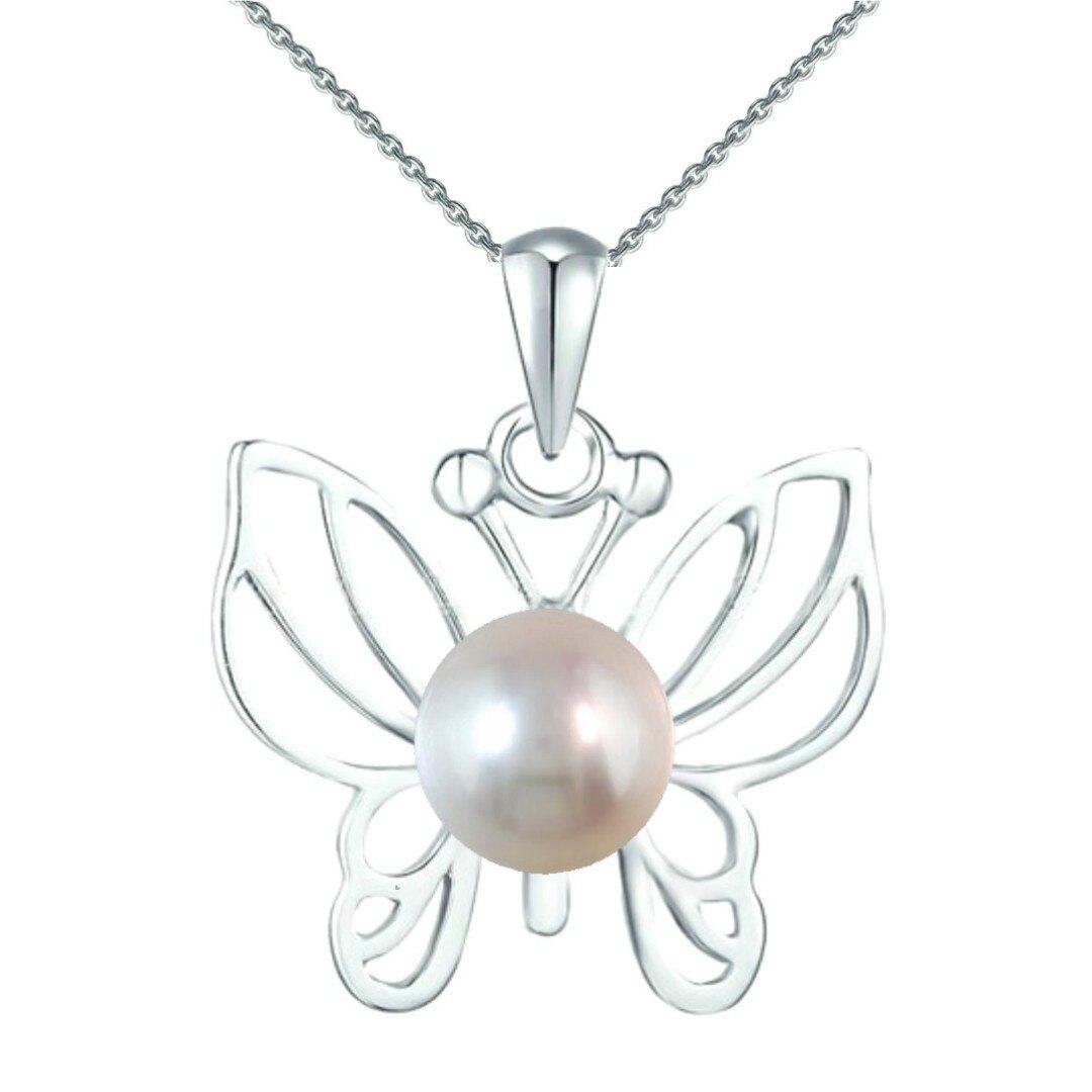 Colier Argint cu Pandantiv Argint Fluture cu Perla Naturala Alba de 7-8 mm