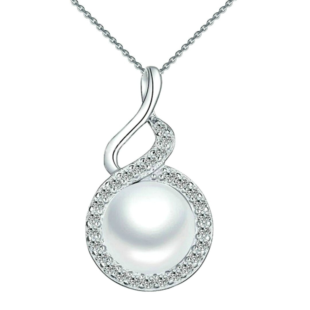 Colier Argint cu Pandantiv Argint Twist, Pavat cu Zirconii si Perla Naturala Alba de 7-8 mm