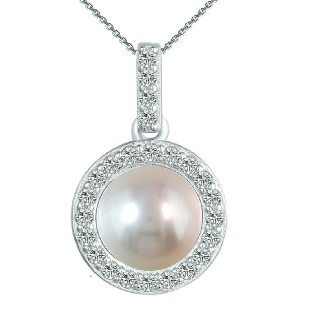 Colier Argint cu Pandantiv Argint Rotund, Pavat cu Zirconii si Perla Naturala Alba de 7-8 mm
