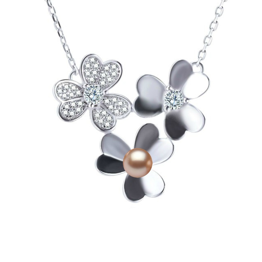 Colier Argint cu Pandantiv Argint Flower, Pavat cu Zirconii si Perla Naturala Lavanda de 7-8 mm