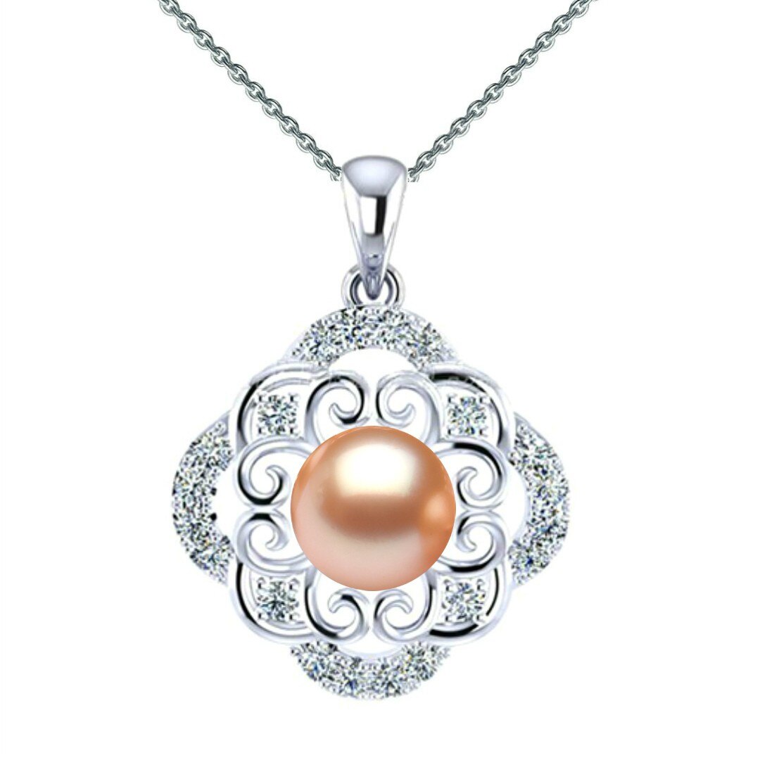 Colier Argint cu Pandantiv Argint Oriental, Pavat cu Zirconii si Perla Naturala Crem de 7-8 mm