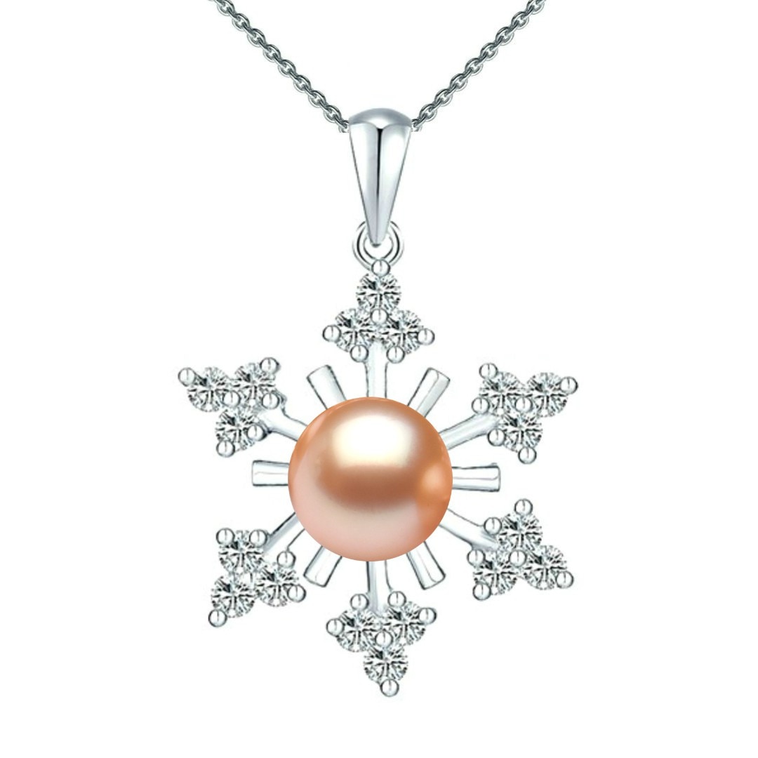 Colier Argint cu Pandantiv Argint Fulg de Nea, Pavat cu Zirconii si Perla Naturala Crem de 7-8 mm