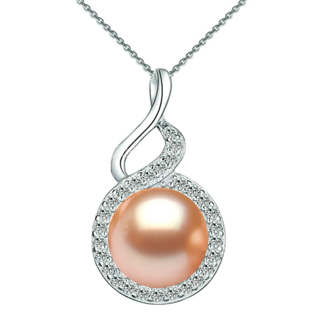 Colier Argint cu Pandantiv Argint Twist, Pavat cu Zirconii si Perla Naturala Crem de 7-8 mm