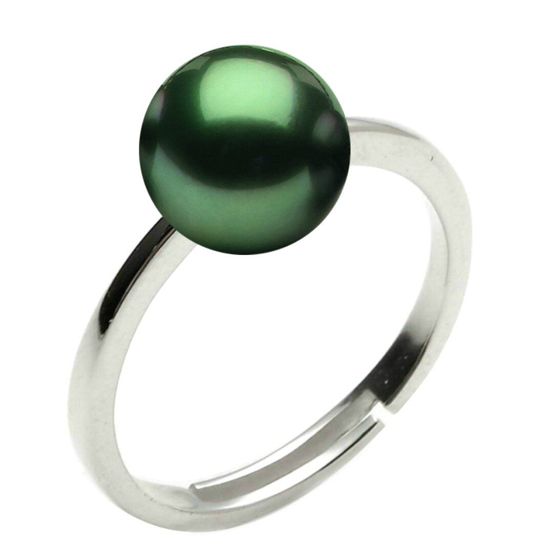 Inel Reglabil din Argint Rodiat, Clasic, cu Perla Naturala Verde Mare de 9,5-10 mm