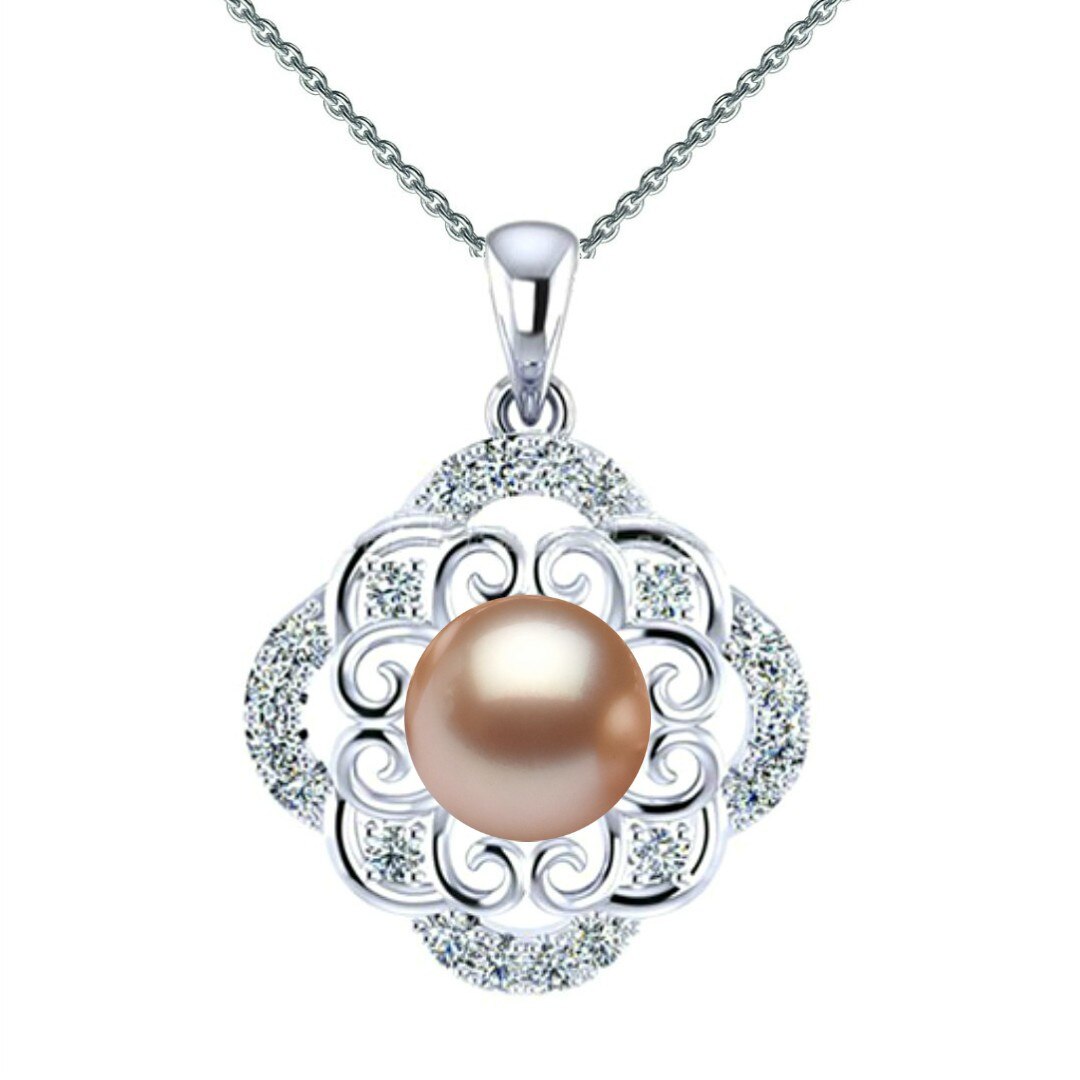 Colier Argint cu Pandantiv Argint Oriental, Pavat cu Zirconii si Perla Naturala Lavanda de 7-8 mm