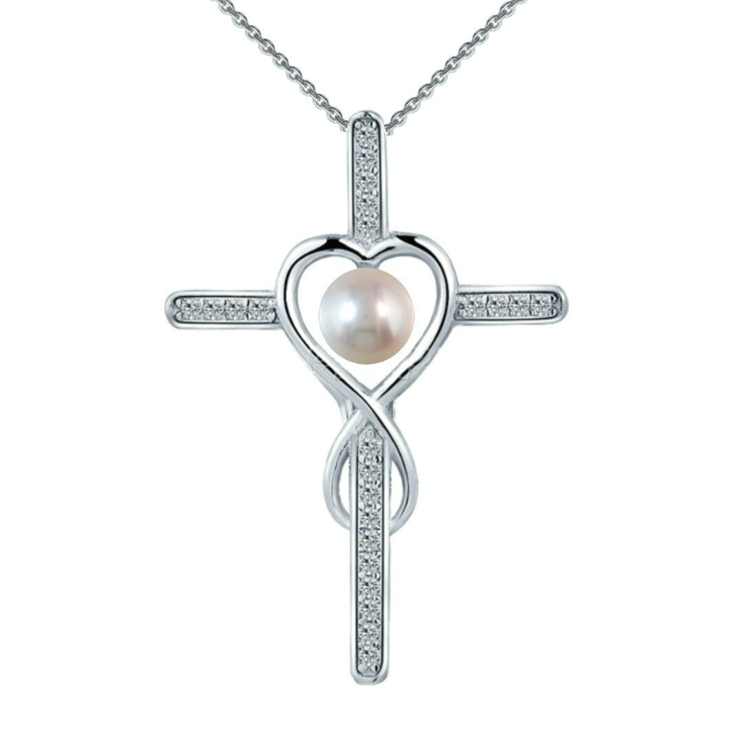 Colier Argint cu Pandantiv Argint Crucifix Pavat cu Zirconii si Perla Naturala Alba de 6-7 mm