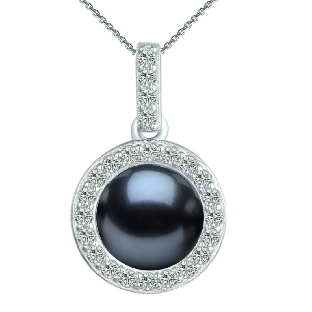 Colier Argint cu Pandantiv Argint Rotund, Pavat cu Zirconii si Perla Naturala Neagra de 7-8 mm