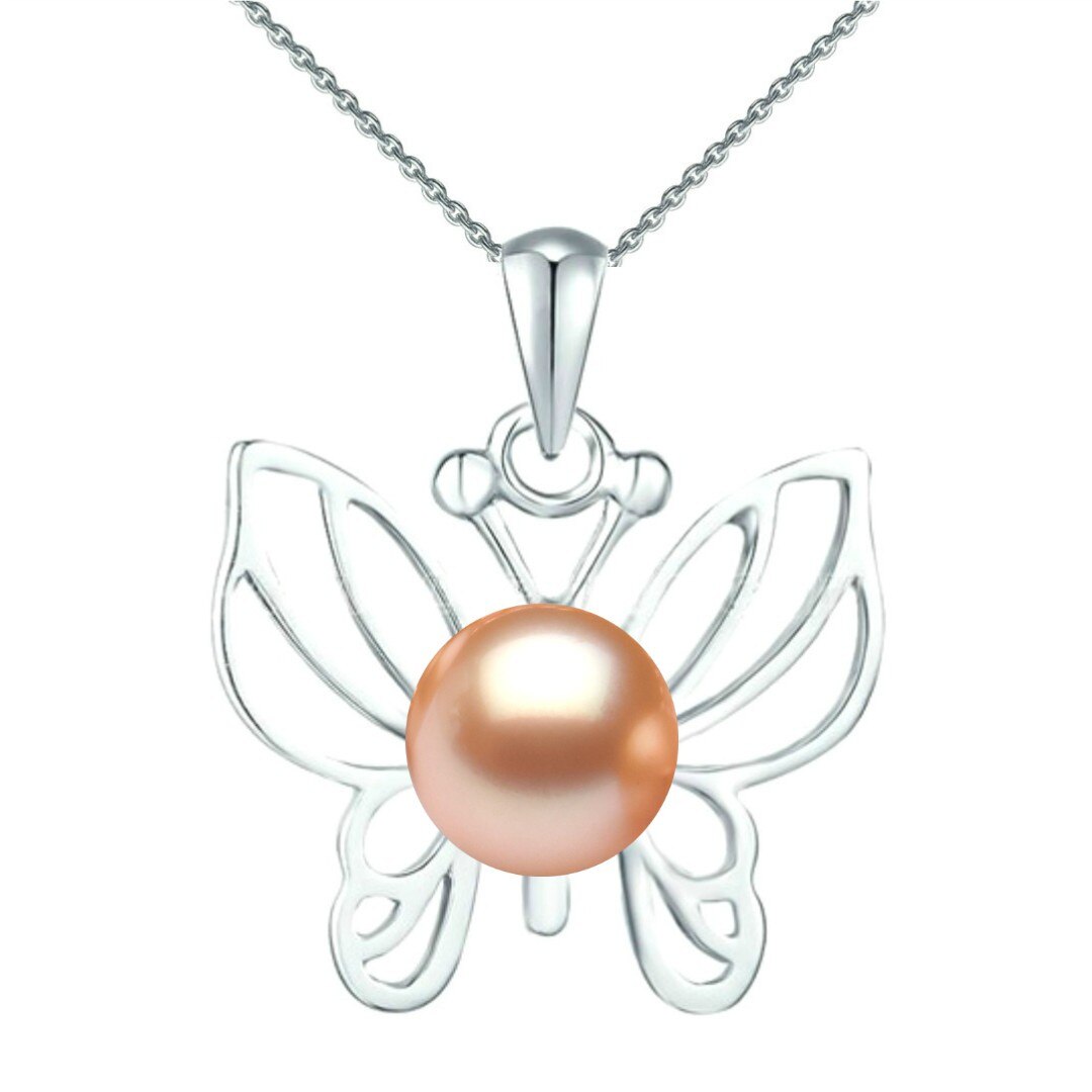 Colier Argint cu Pandantiv Argint Fluture cu Perla Naturala Crem de 7-8 mm