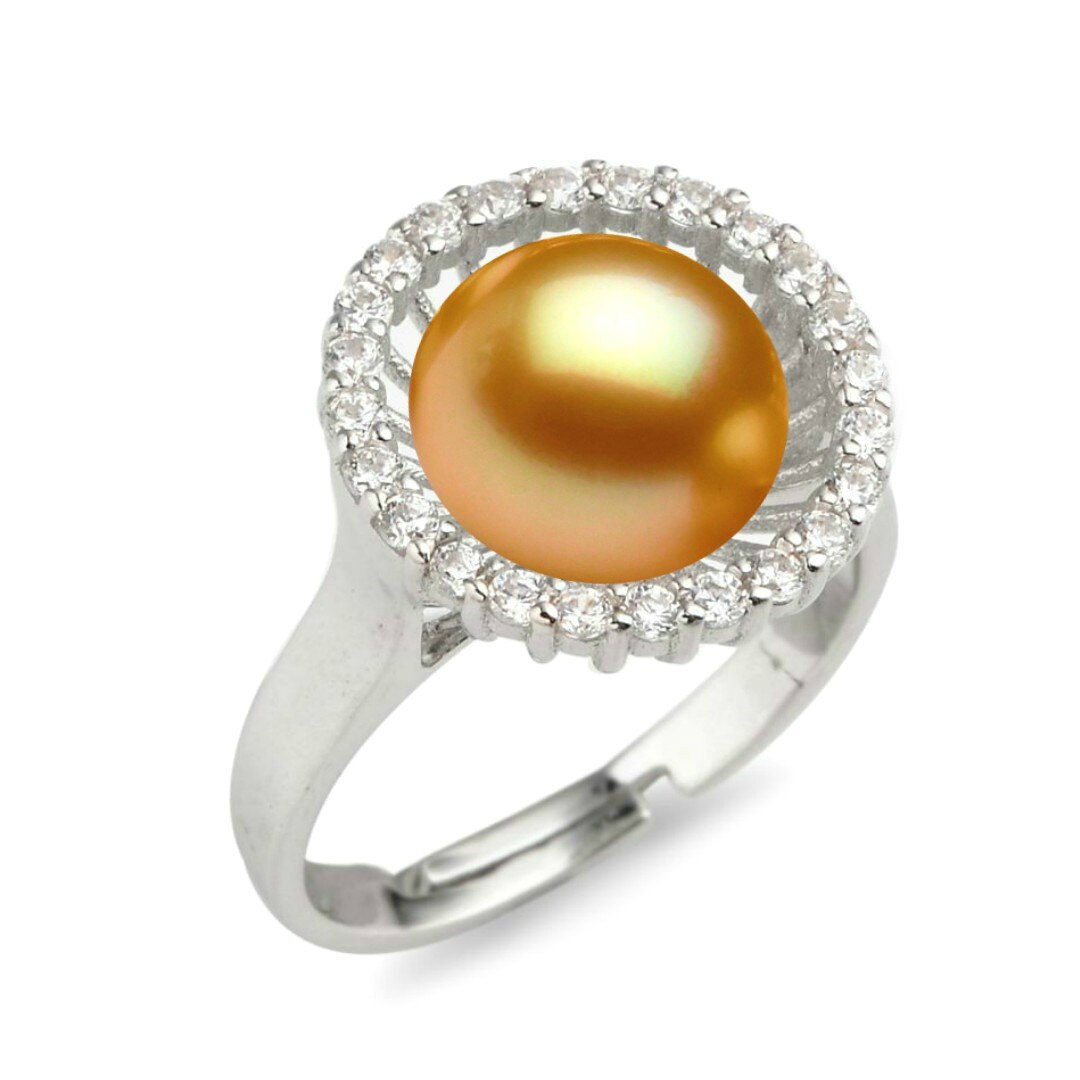 Inel Reglabil din Argint Rodiat, Model Floare, cu Perla Naturala Aurie de 7,5-8 mm