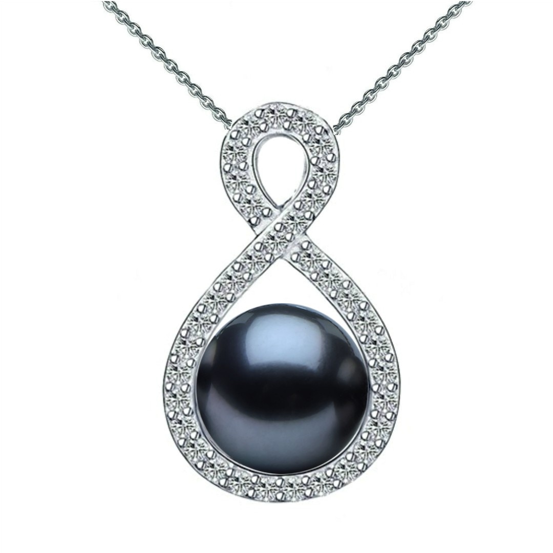 Colier Argint cu Pandantiv Argint Infinit, Pavat cu Zirconii si Perla Naturala Neagra de 7-8 mm