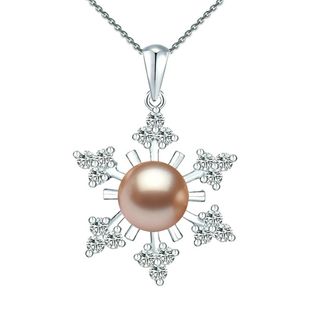 Colier Argint cu Pandantiv Argint Fulg de Nea, Pavat cu Zirconii si Perla Naturala Lavanda de 7-8 mm
