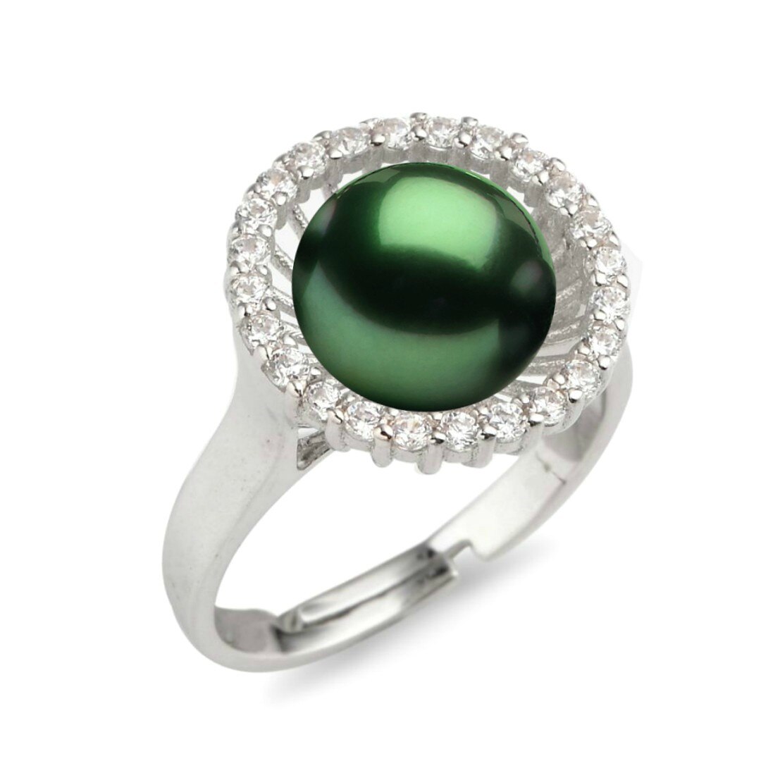Inel Reglabil din Argint Rodiat, Model Floare, cu Perla Naturala Verde Smarald de 7,5-8 mm