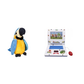 Pachet 2 jucarii interactive pentru baieti, contine papagal vorbitor 18 cm, repeta sunetele pe care le aude si laptop muzical de jucarie, multicolore Pachet 2 jucarii interactive pentru baieti, contine papagal vorbitor 18 cm, repeta sunetele pe care le aude si laptop muzical de jucarie, multicolore