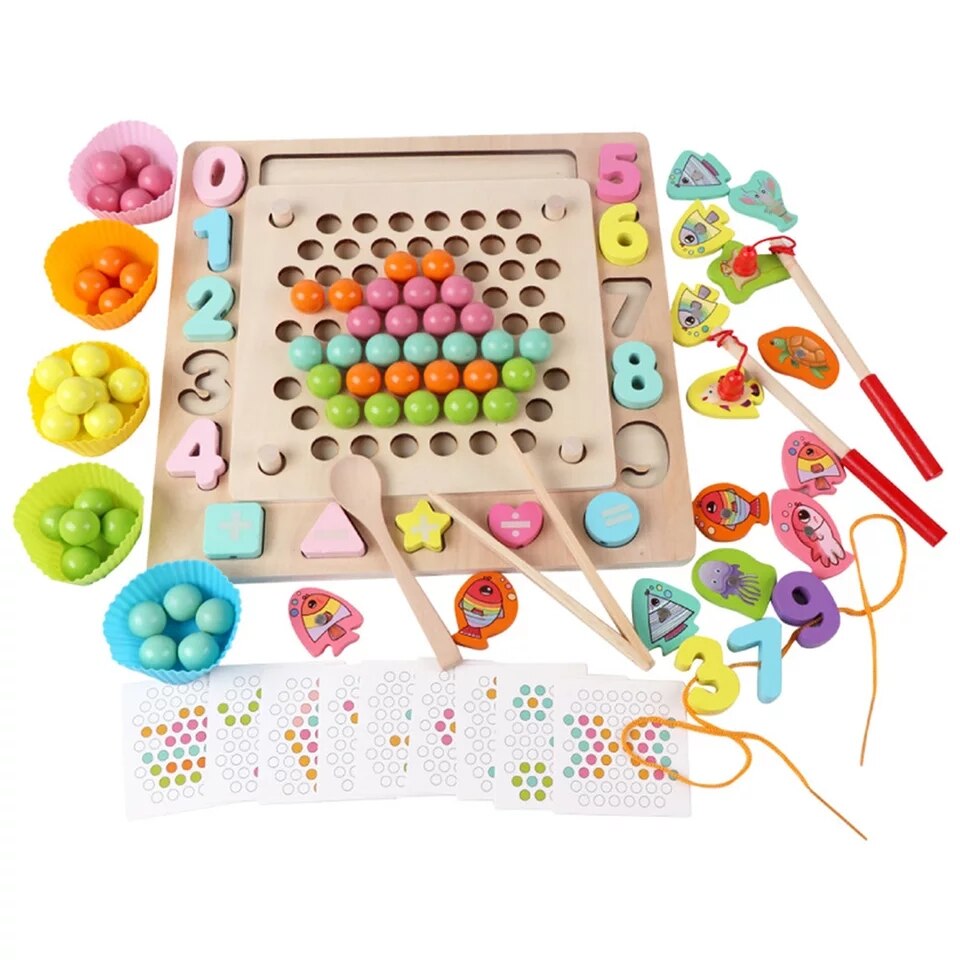 Joc Montessori de indemanare Fishing Beads 4 in 1, multicolor