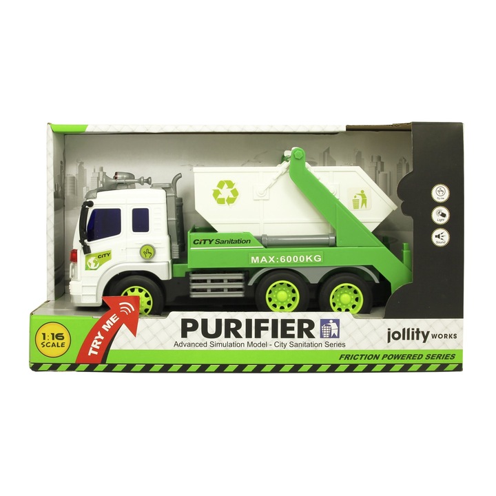 Интерактивна играчка-камион за почистване, със звук и светлини, бяло със зелено, дължина 26 см, височина 12 см