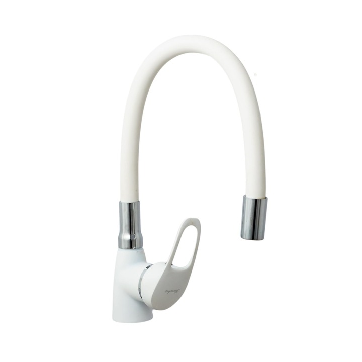Смесител за кухня тип лебед, гъвкав кран, бял