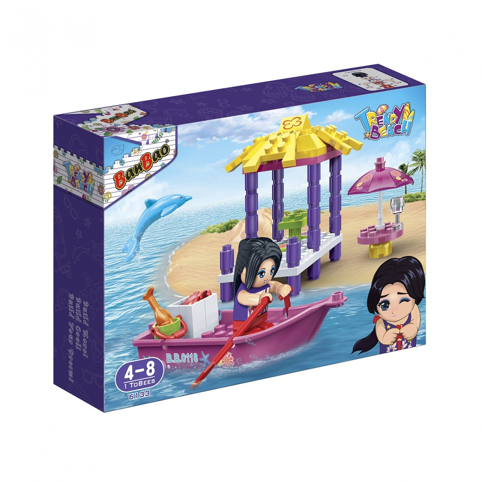 Set constructie 79 piese, 1 figurina, Trendy Beach barca, ponton si bar, Banbao